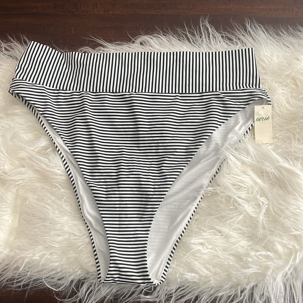 New Aerie Black and White Striped Hi-Cut Cheeky Bikini Bottom Multiple Sizes